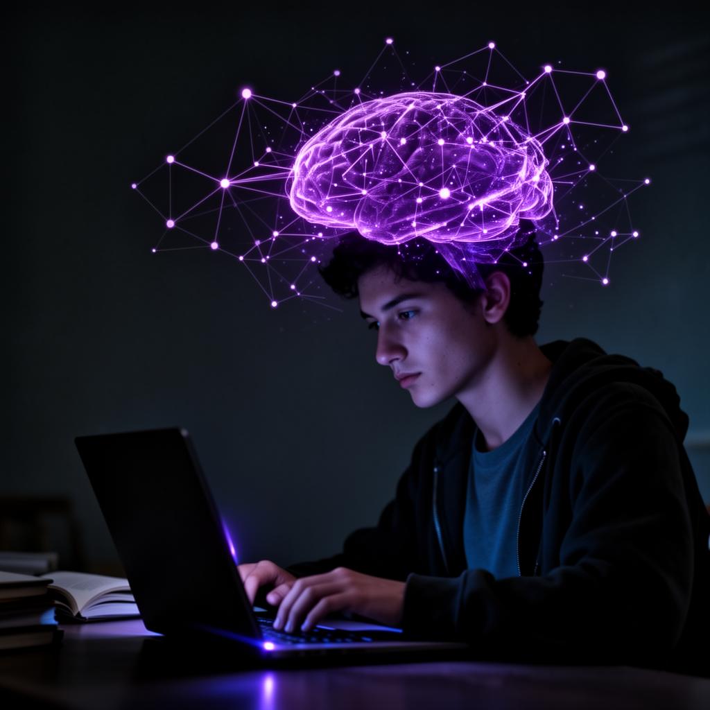 Student studying with a glowing knowledge graph